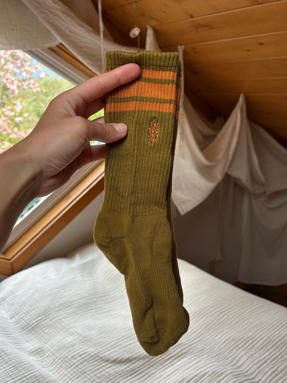 FP Movement by Free People Olive Green Crew Tube Socks with Orange Stripes